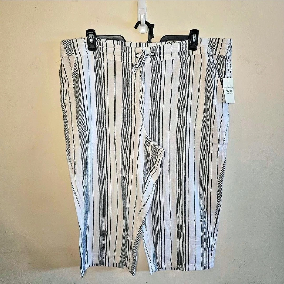 Per Se Capri Pants Women's Size 2X NWT White Black Stripe Linen Blend Drawstring
