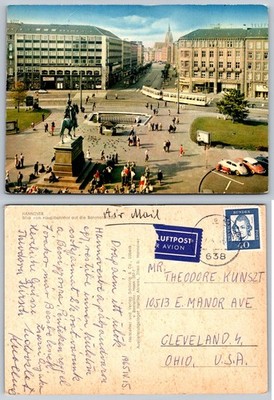 Vintage Hannover Germany Postcard - Ernst-August-Denkmal & Bahnhofstraße c.1965
