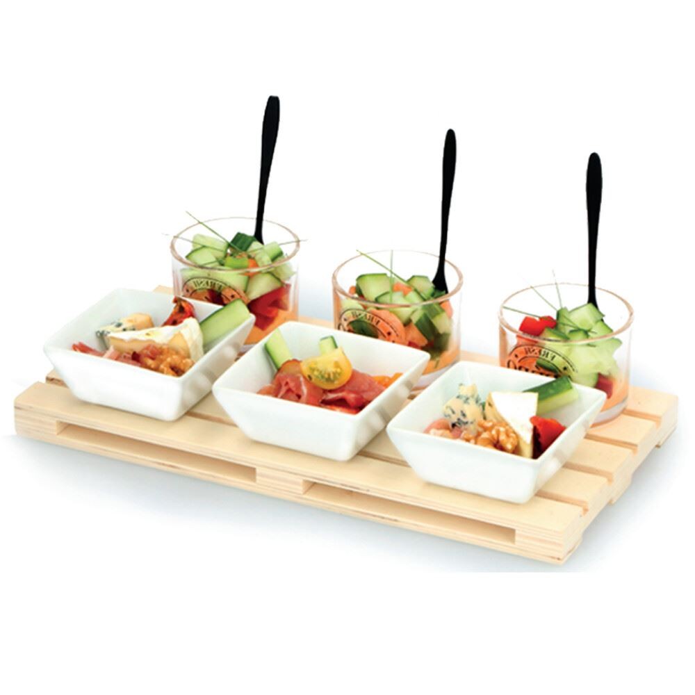 Appetizer Serving Set 10pc Wooden Platter 3 Ceramic Dishes 3 Glass Cups 30cm