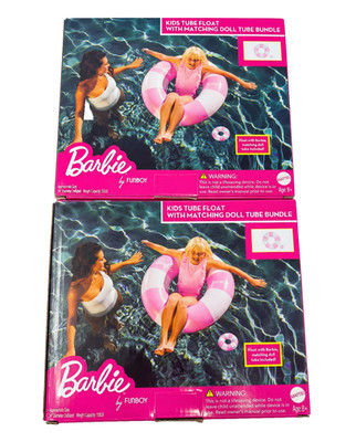 2X Barbie Pink White Striped Kids Tube w/ Matching Barbie Doll Float Funboy 34''