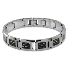 Tungsten Carbide Black and White Carbon Fiber Inlay Men's Link Bracelet 8.5"