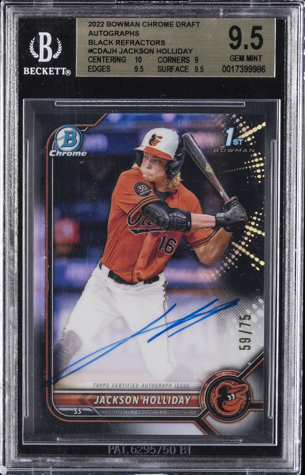2022 BOWMAN CHROME DRAFT AUTO BLACK REFRACTORS JACKSON HOLLIDAY /75 BGS 9.5