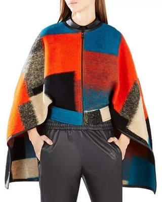 BCBG Maxazria Walked Color Block Cape - Size M/L Zip Front  Leather Piping $400