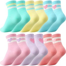 6 Pairs Socks for Girls Kids Pink Crew 6-8 Years Macarons Color Stylish