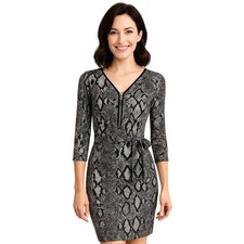 Womens Snake Print Zipper Neck 3/4 Sleeve Wrap One Size Dress Midi