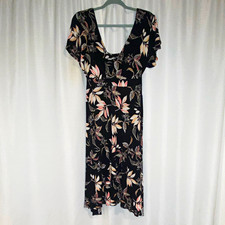 American Rag Emporie Black Pink Floral V-Neck Flutter A-Line Midi L 100%  Rayon