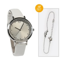 Damen Armbanduhr Weiß Kunstleder Quarz Ø 34 mm Schmuck-Set