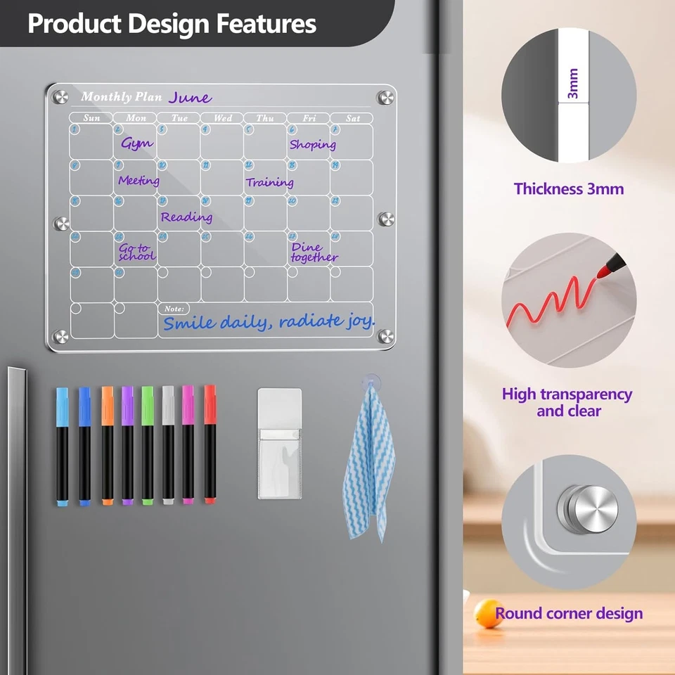 Calendario de tablero de borrado en seco magnético acrílico, planificador reutilizable para refrigerador Foto 4 de 4