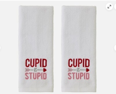 2 PCS Valentines Cupid Is Stupid Hand Towel Set Bath/Kitchen/Bar White