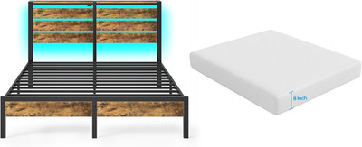 Full Size Bed Frame with Charging Station & Gel Memory Foam Mattress