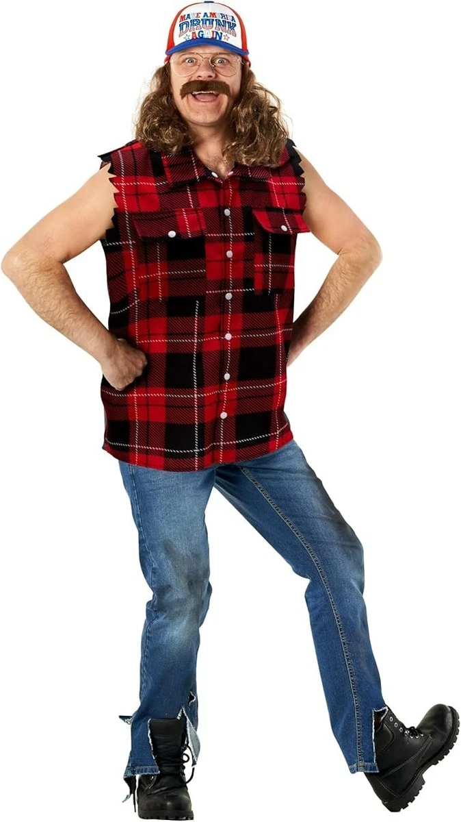 Abito Costume Hillbilly Vintage, Scuola, Mullet, Parrucca Nera, Collo Rosso, MR179030, Nuovo Con Etichette