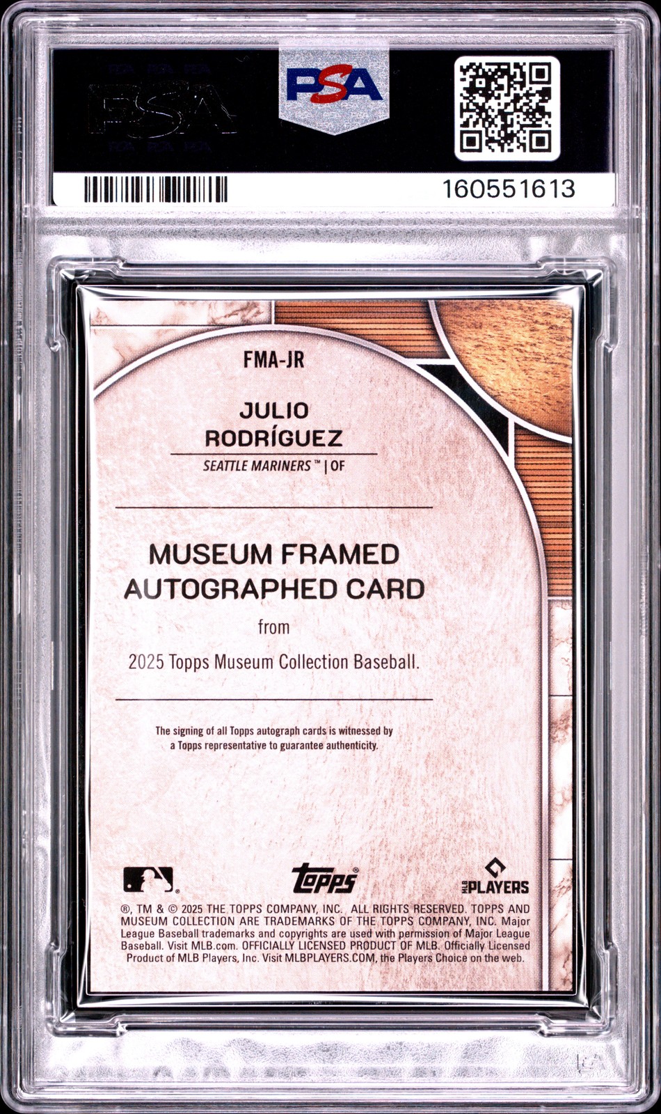 2025 MUSEUM COLLECTION MUSEUM FRAMED AUTO BLACK #JR JULIO RODRIGUEZ 1/5 PSA 8 view 2