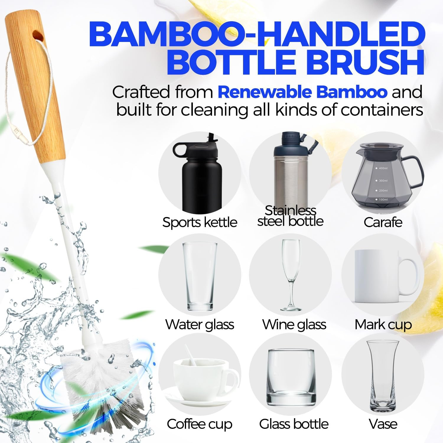 5 Pack Bottle Brush Cleaner Set, 14" Bamboo Handle Bottle Cleaner Brush, 3 Straw