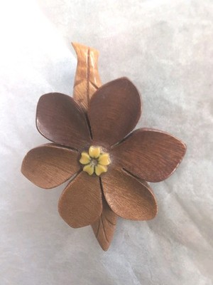 Vintage Hand-Carved Wooden Flower Brooch Ribbon Stem Layered Petals Yellow Cntr