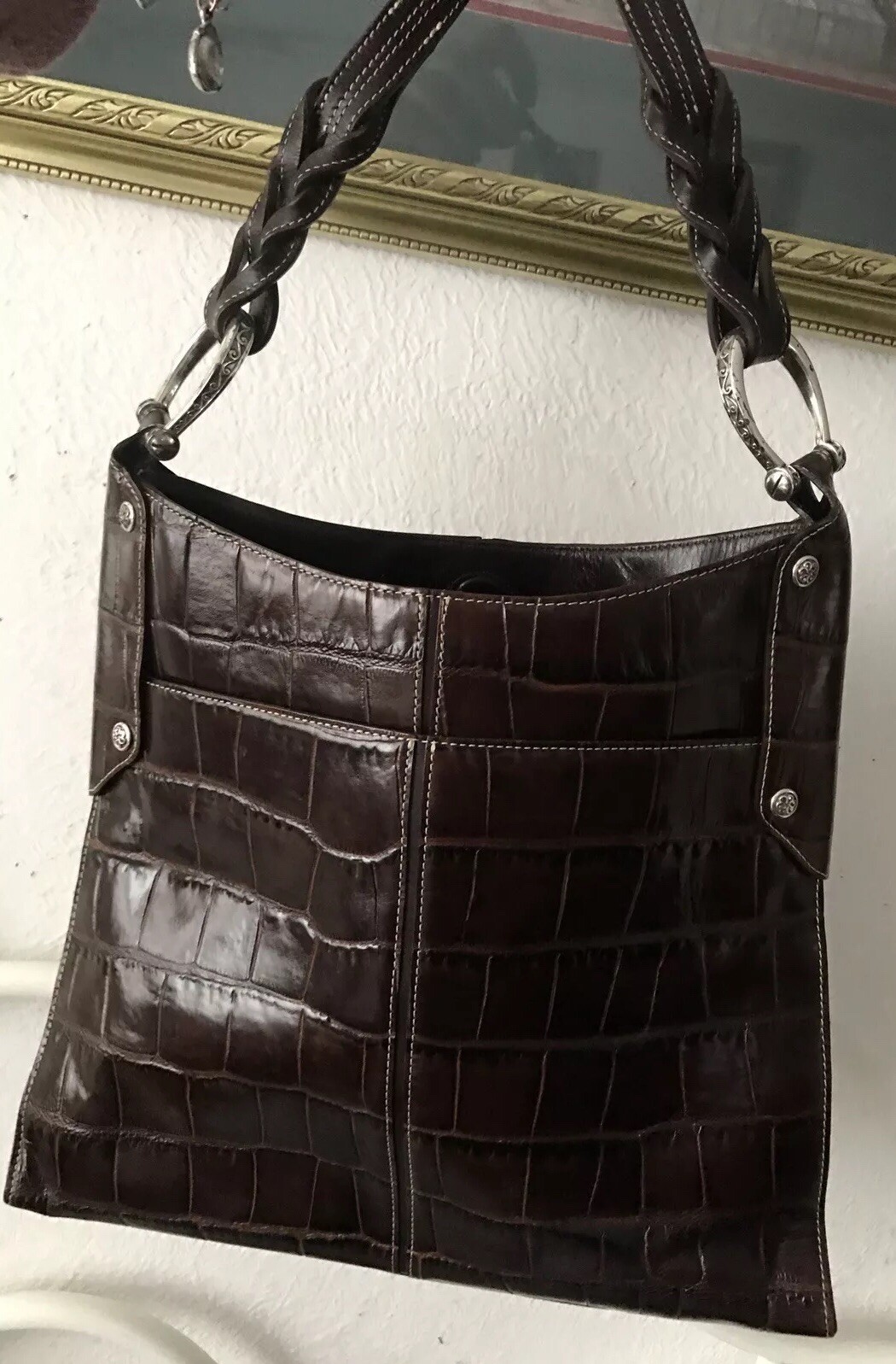 PONY BRIGHTON Vintage Croco. Organizer Brown Large Satchel Purse HandBaG Borsa a tracolla