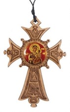 Christmas Ornament -Wooden Cross 3" with Orthodox icon of Virgin  Child -NEW