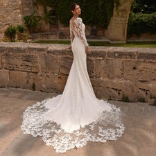 V Neck Mermaid Wedding Dresses Long Sleeves Appliques Buttons Back Bridal Gowns
