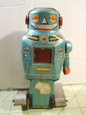 1968 Noguchi Mighty Space Robot Tin Litho Wind Up Walking Sparking Toy Japan