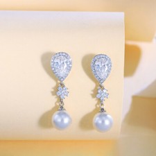 Women Gorgeous Silver Plated Water Drop Flower CZ Zirconia Pearl Dangle Earrings