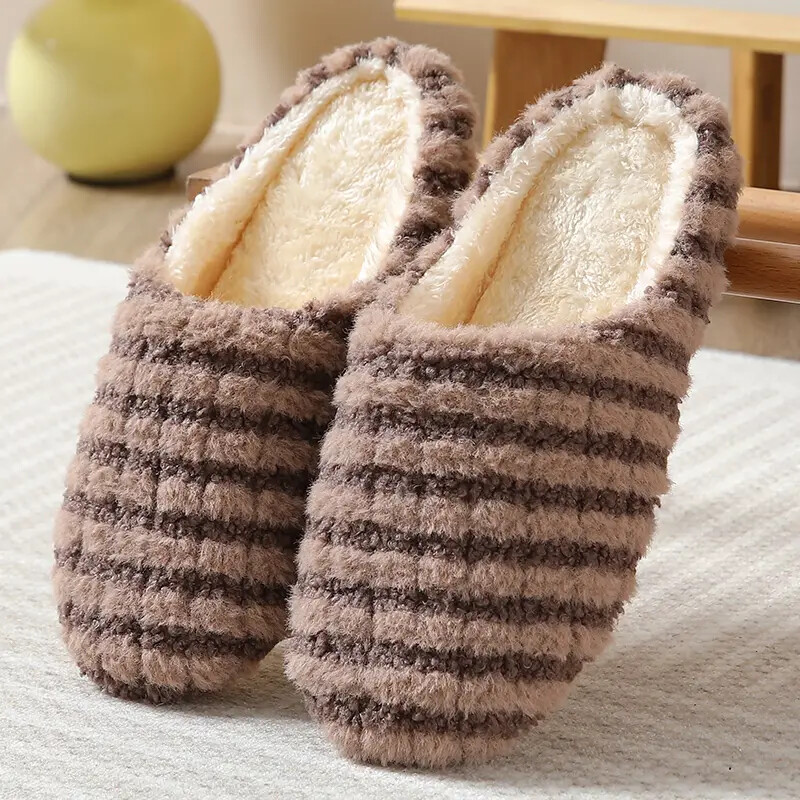Warm Plush Women House Slippers Slip-on Round Toe Anti-slip Soft House Shoes-image