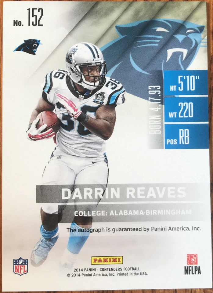 2014 Panini Contenders Rookie Autograph Darrin Reaves #152A Carolina Panthers - Image 2 of 2