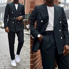 Men Black Double Breasted Peak Lapel Blazer Party Prom Groom Tuxedo Wedding Suit