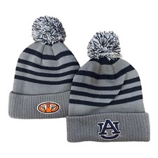 Auburn Tigers Pom Cuffed Beanie   Striped Knit Hat with Dual Logos