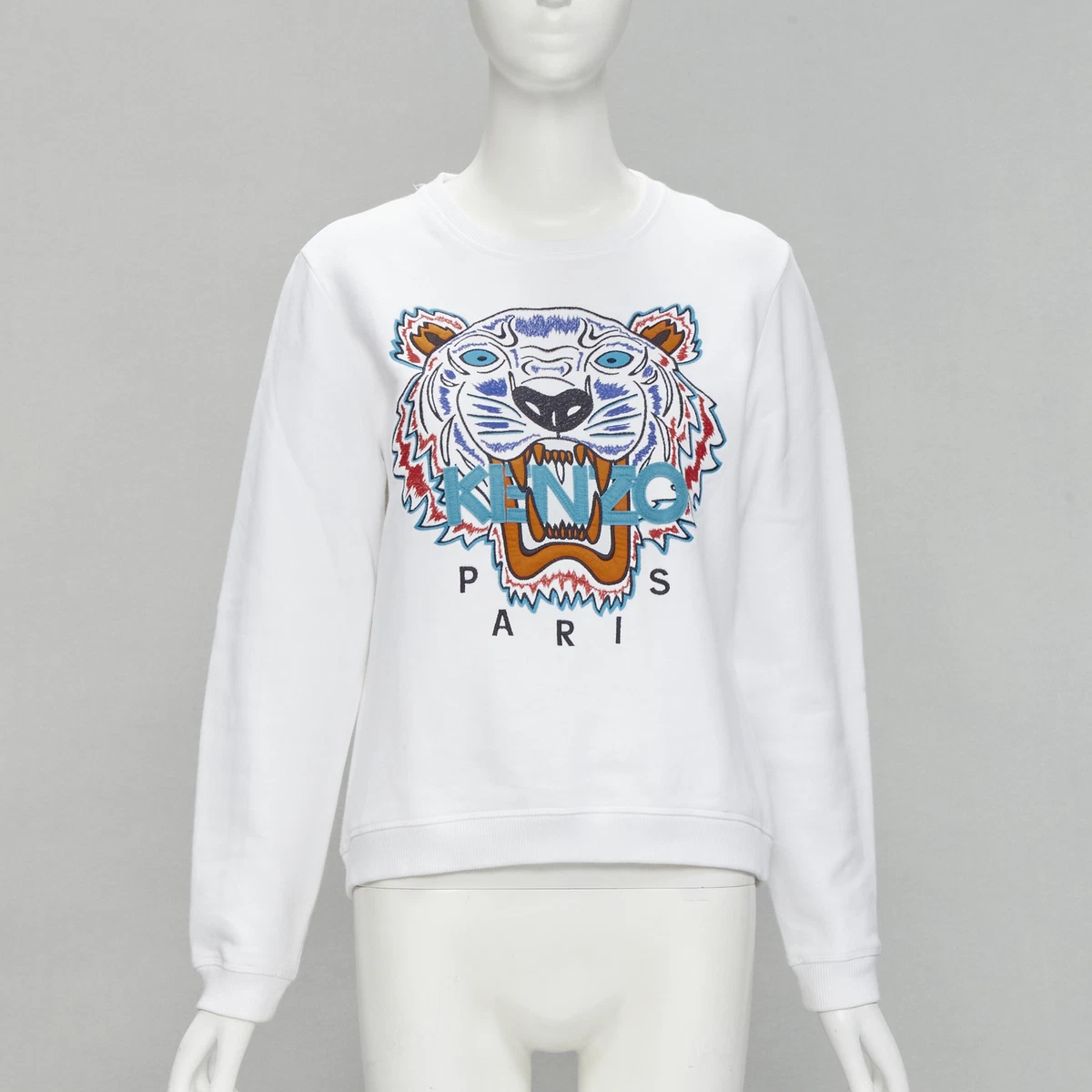 KENZO JUNGLE white cotton blue Tiger embroidery pullover sweatshirt L | eBay