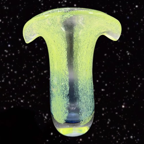 Art Glass Vase Green Blue Small Dots Fan Style Vase 7”Tall 6”Wide