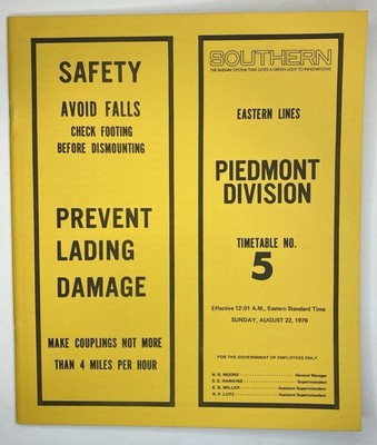 SOUTHERN RAILWAY Piedmont DIVISION Employee Timetable 5 Aug 1976 Eastern Lines
