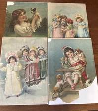 Antique German Chromolithograph Poster Prints (4) Children Animals Lithography