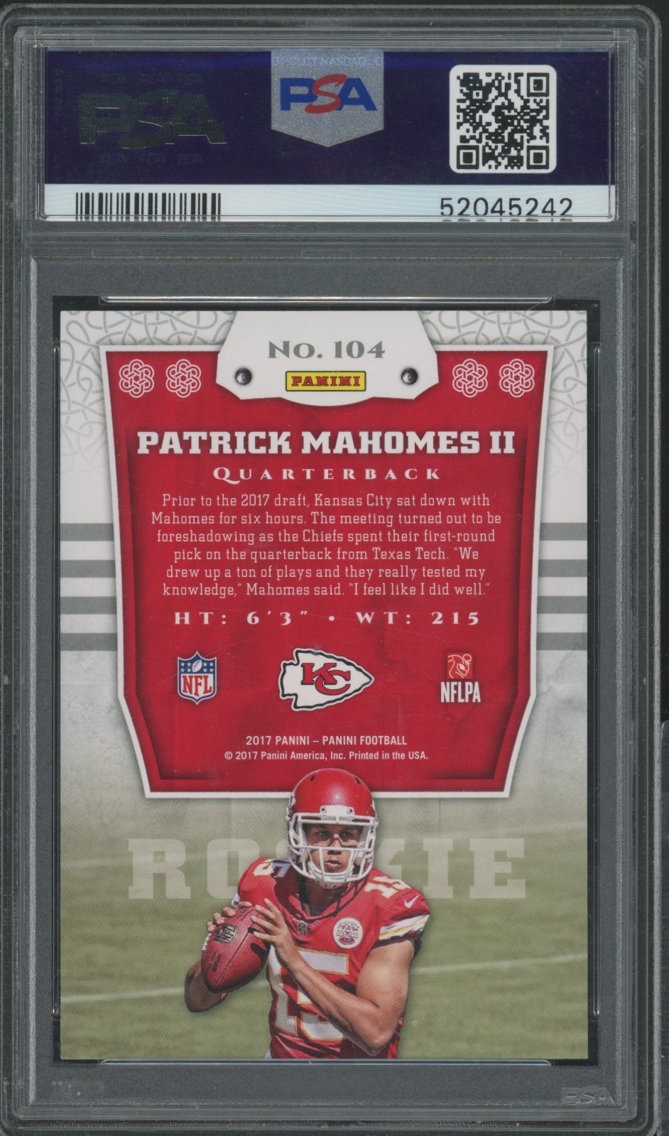 2017 Panini Patrick Mahomes II Rookie #104 PSA 10 GEM MINT Kansas City Chiefs view 2