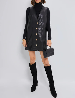 slim fit dress slacks Threadbare Women's Black Faux Leather PU Button Down Ladies' Pinafore Dress