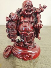 Laughing Buddha Statue with Sack & Coins – Red Resin – 6.75" Feng Shui Happiness