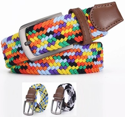 New Men's Women Belt Multicolor Woven Braided Canvas Elastic Jeans Belts Buckle