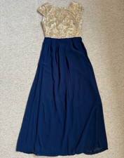Little Mistress Navy & Gold Sequin Maxi Dress Long V-Neck Cap Sleeve Zip Size 8