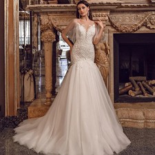 Vintage Mermaid Wedding Dresses With Cape V Neck Applique Crystals Bridal Gowns