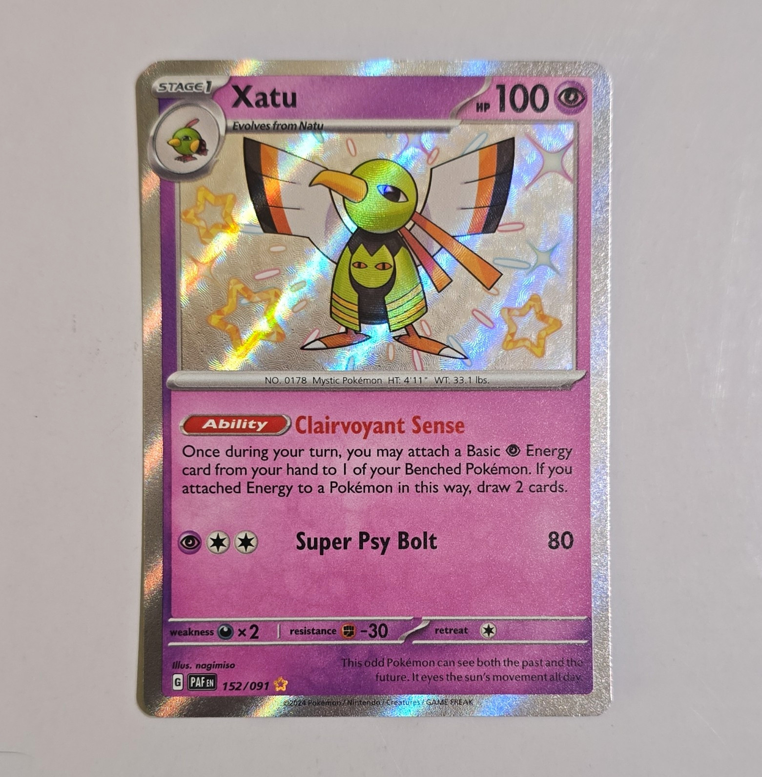 Pokemon TCG Xatu 152/091 SV Paldean Fates Shiny Rare Holo English