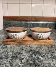 Rae Dunn Artisan Collection Ceramic  Dash/Pinch  Jars Set of 2 with Wood Tray