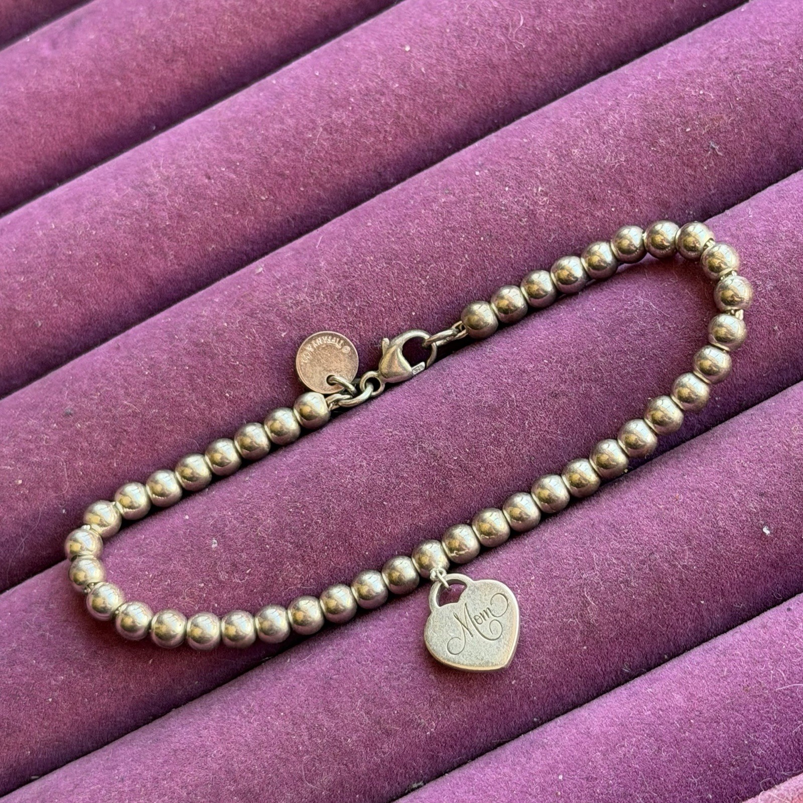 Tiffany & Co. Sterling Silver Mini Heart "Mom" Beaded Bracelet 6.5”