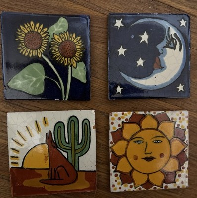 Boho Hand Painted Ceramic Tiles Set of 4   Sunflower Moon Cactus Sun