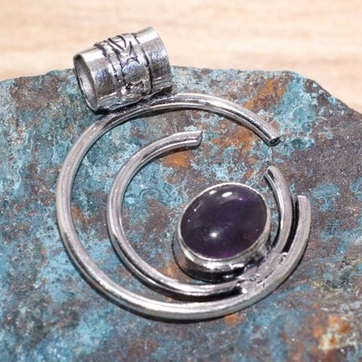 925 Silver Plated Circle Natural Amethyst Pendant 1.2'' Limited Edition Design MJ