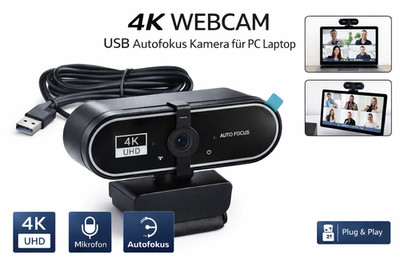 4K Webcam USB Kamera mit Mikrofon Autofokus für PC Laptop Zoom Teams Full HD