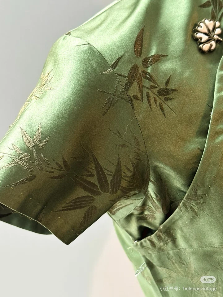 Authentic Handmade Vintage 50's 60's Green Cheongsam Qipao Dress Floral - Image 4 of 4