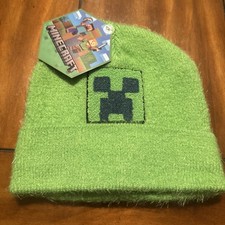 Minecraft CREEPER Kids' Green Fuzzy Knit Cuffed Beanie Hat OSFM