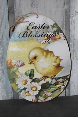 Vintage Easter Blessings Partical board Chick Egg Wall Art * Use Greeting Card?