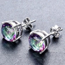 925 Sterling Silver 8MM Round Mystic Topaz Gemstone Stud Earrings UK Seller