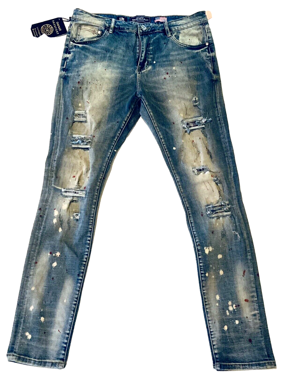 Damati Mens 36 Distressed Washed Jeans Rips Holes Destroy Denim