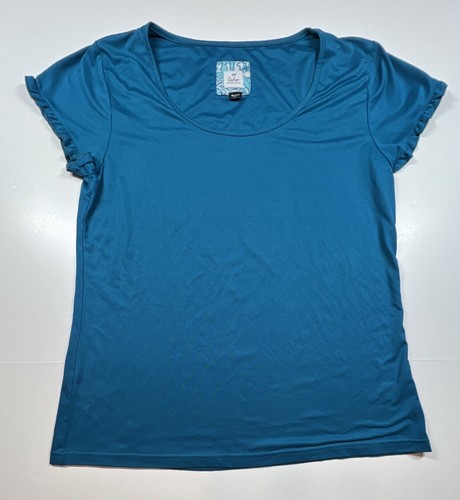 Echo Women's Size Medium Round Neck Short Ruffle Sleeves Lounge Pajama Top Blue