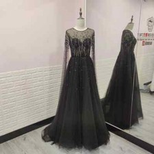 Luxurious Crystals Evening Dresses Black O-Neck Beaded Full Sleeves Party Gowns